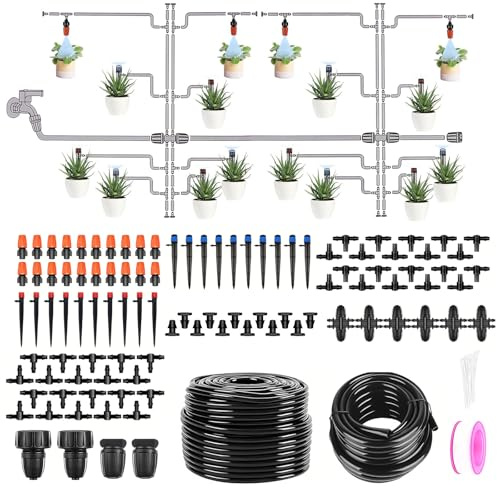 240FT Automatic Drip Irrigation Kit Adjustable Garden Watering Nozzles | complete irrigation set with 8/11mm main & 4/7mm branch tubing,water-saving watering system for outdoor plants lawn and patio