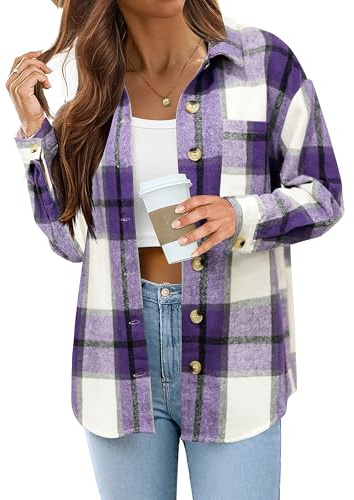 Zeagoo Blusa de franela a cuadros de manga larga para mujer, con botones, a cuadros, chaqueta de camisa con bolsillo, chaqueta informal a cuadros, otoño 2025, S-XXL, morado, XL