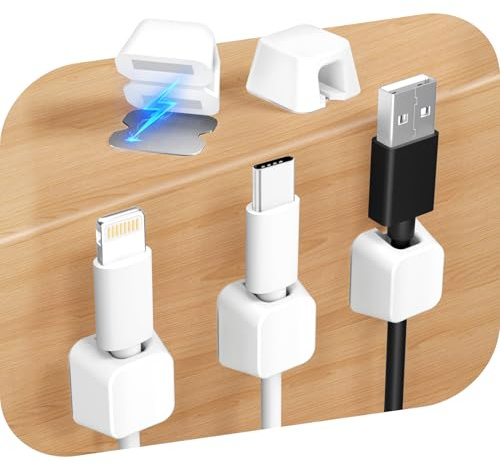Viaky Magnetic Cable Clips 5 Pcs, Silicone Magnetic Cable Tidy Management Large Size 8mm, Desk Cable Organiser with Self Adhesive Metal Plate for USB Charging Wires, Home, Desktop, Office, Car (White)