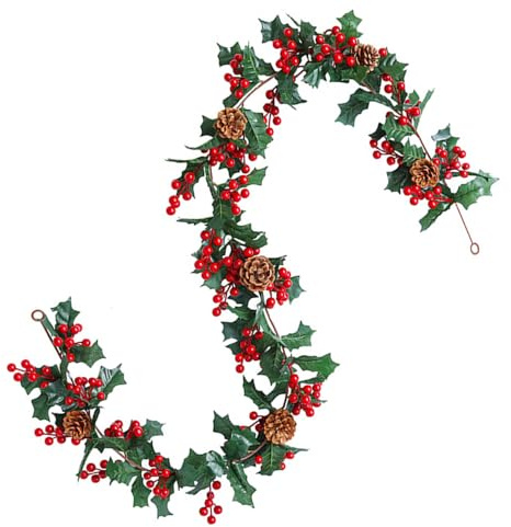 Junhui 175cm Guirnalda Navideña, Enredaderas Artificiales con Bayas Rojas, Corona Navideña Plantas Artificiales, Guirnalda de Bayas Rojas para Chimeneas, Decoración Navideña de Interior