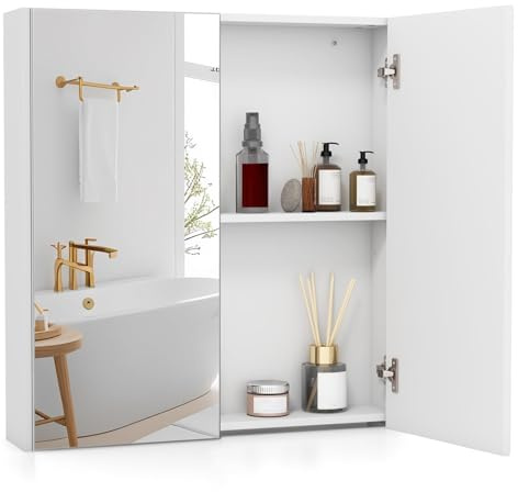 FANTASK Badezimmerschrank, Hängeschrank mit Spiegel, Spiegelschrank Bad, Wandschrank Badezimmerspiegel Holz für Badezimmer, 62 x 11,5 x 65cm (Weiß)