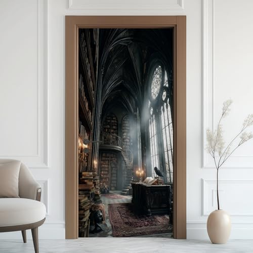 Europäische Bibliothek Türaufkleber, Wendeltreppe Türfolie Selbstklebende Fototapete, Bibliothek Bücherregal Türposter Abnehmbar Türfolie PVC Für Tür Badezimmer Türaufkleber 85x200 cm