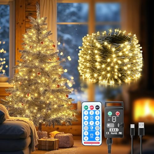 Guijiyi Guirlande Lumineuse à Pile Rechargeables Intérieur Extérieur LED 10M 100 LED avec Télécommande et Minuterie, 8 Modes d'Éclairage Étanche IP44 pour Décoration Maison, Noel, Jardin, Mariages