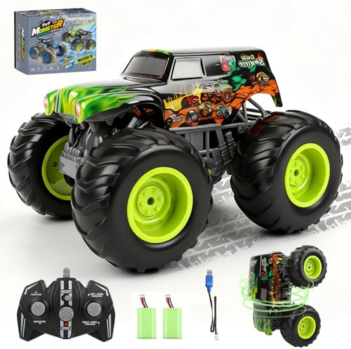 IEEILULU Ferngesteuertes Auto, Monstertruck Ferngesteuert mit Licht 2,4GHz Amphibienfahrzeug Ferngesteuert 4WD 360° Drehung Aufrechtes Gehen Auto Spielzeug für Kinder ab 4 5 6 7 8 9 10 Jahre (Grün)