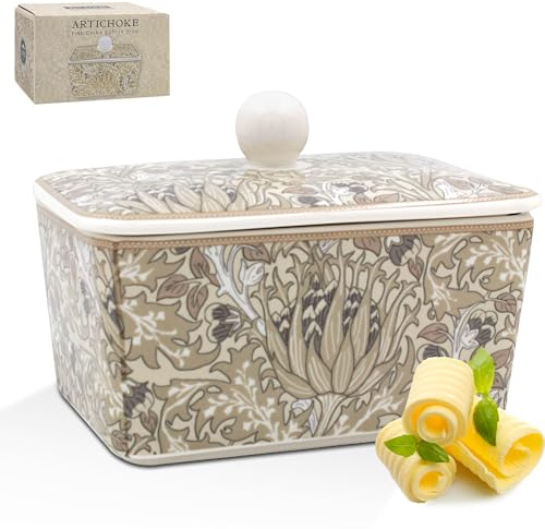 The Leonardo Collection William Morris Weihnachts-Butterdose mit Artischocke für Küche und Zuhause, spülmaschinenfeste Butterdose mit Deckel, um Butter frisch zu halten, langlebige BPA-freie