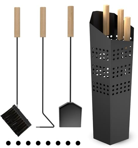 changshengda 4-teiliges Kaminbesteck Set - Modernes Ofenbesteck Set Schwarz mit Ständer, Ascheschaufel, Schürhaken und Kaminbesen, Kaminzubehör für Holzöfen