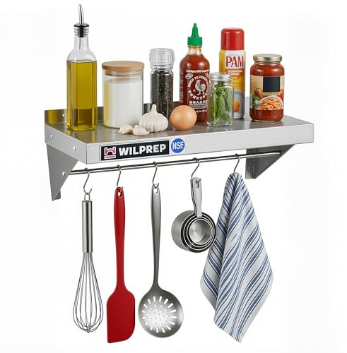 Wilprep NSF Stainless Steel Shelf, 12x 24 Wall-Mounted Commercial Shelf for Kitchen Wall, 220lb Metal Storage Shelf with Support Brackets & 10 Hooks for Restaurant Kitchen Laundry Room Garage
