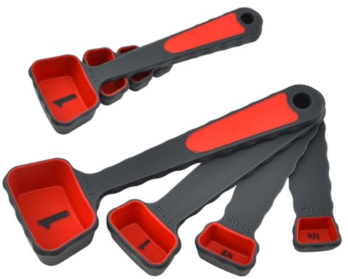 YUVKIN 4 Cucharas Medidoras de Silicona para Cocinar y Hornear, Medidores de Líquidos y Polvos (1.25ml/2.5ml/5ml/15ml) (Negro-Rojo)