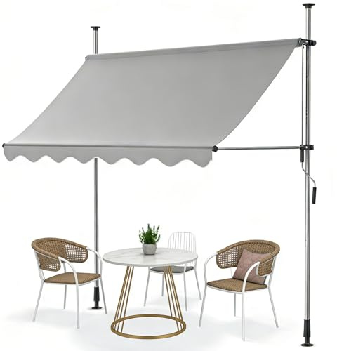 Ferzone Store Banne sans Percage 200x120cm, Auvent de Terrasse Rétractable avec Manivelle Hauteur Réglable 200-300CM, Stores Exterieur résistant en Aluminium aux UV pour Blacon Patio (Gris Clair)