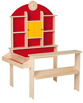 roba Kaufladen, Kaufmannsladen, natur, mit Theke, Uhr, roter Rückwand, gelben Schiebetüren