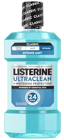 Listerine Ultraclean Intense Antiseptic Mouthwash + Whitening Protection*, Everfresh Technology to Help Fight Bad Breath, Gingivitis, & Plaque, Tartar Control Oral Rinse, Intense Mint, 1L