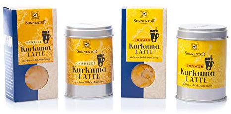 Sonnentor Kurkuma Latte Set - 2 Sorten: Ingwer und Vanille je in der Dose und als Nachfüller (4x 60g) (bio, vegan) Golden Milk - Ayurvedische Goldene Milch Set