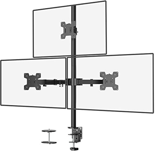 WALI Dreifacher Monitorarm für Bildschirm bis 27 Zoll, voll verstellbarer | 3-Monitor-Tischhalterung, vollbeweglich mit Neigung, Schwenkbar, Drehung, C-Klemme/Tüllenmontage, VESA 75/100 mm (M003)