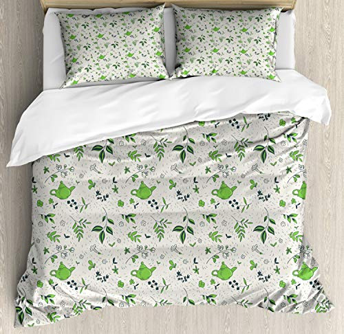 ABAKUHAUS Jasmine Duvet Cover Set, Exotic Herbal Tea Leaf, Bedding Set 3 Pieces with 2 Pillow Shams, 200 x 200 cm - 70 x 50 cm, Sage Green Lime Green