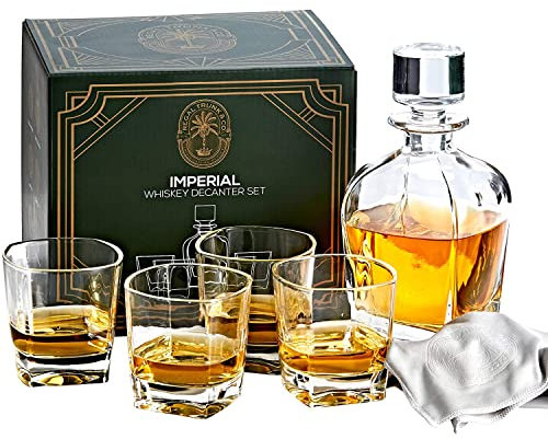 Regal Trunk & Co. Whiskey Dekanter Sets | 4 Imperial Tumblers Whisky Dekanter & Glas Set | Kristall Dekanter Set Bourbon und Scotch | Kommt in Geschenkbox und mit Glas Poliertuch..., Transparent