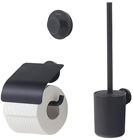 Tiger Urban Badaccessoire-Set, 3-teilig, bestehend aus Toilettenpapierhalter mit Deckel zur Wandmontage, Haken und WC-Bürste, mit austauschbaren Dekor-Ringen zur individuellen Gestaltung, Schwarz