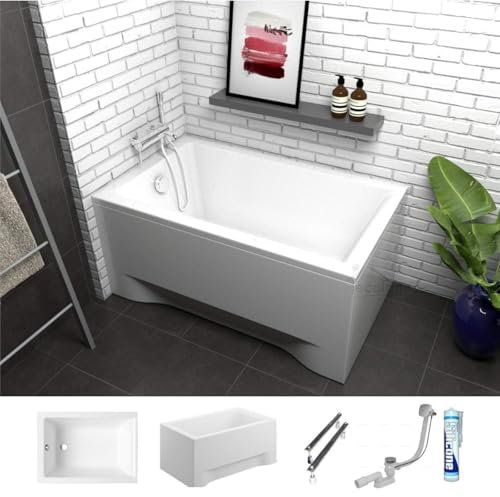 ECOLAM Petite baignoire rectangulaire acrylique Capri Polimat 120x70 cm + tablier en acrylique | siphon automatique + pieds et silicone | set complet