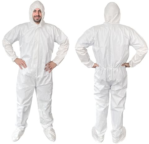 EZGOODZ White Hazmat Suits, Medium. Pack of 25 Waterproof MPP Disposable Coveralls with Hood, Boots, Elastic Wrists, Zipper. Tear Resistant 60 GSM Unisex Painters Suit Disposable for Men and Women