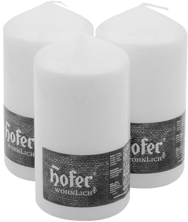 Hofer Velas Pilar - 8 x 15 cm - Juego de 3 Velas Grandes Decorativas - Color Blanco - Tiempo de Combustión 60 Horas - No Gotear, No Perfumadas - Calidad RAL