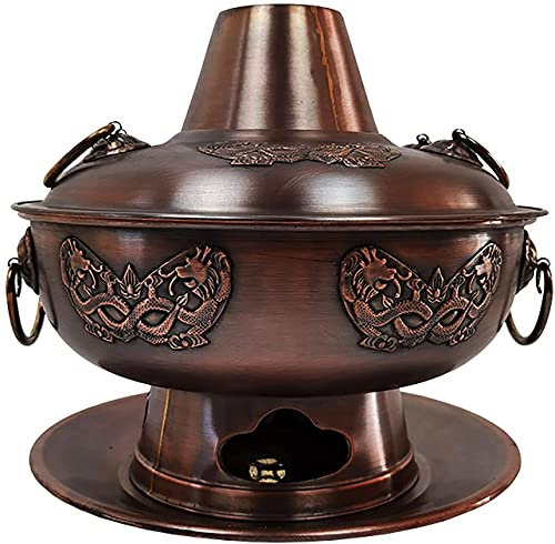 CLQ Holzkohle-Kupfer-Hot Pot, Verdickter Kupfer-Rechaud, Altmodischer Kupfertopf, Antiker, Extra Dicker, Reiner Kupfer-Hot Pot Für Familienessen, Familienessen-36cm