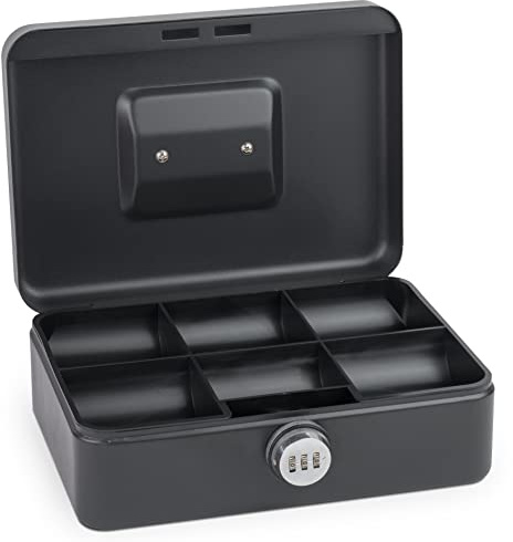 Caja de caudales Sax con cerradura de combinación, cerradura extra fuerte, 25 x 18 x 9cm, Grande, Caja de caudales de seguridad negra