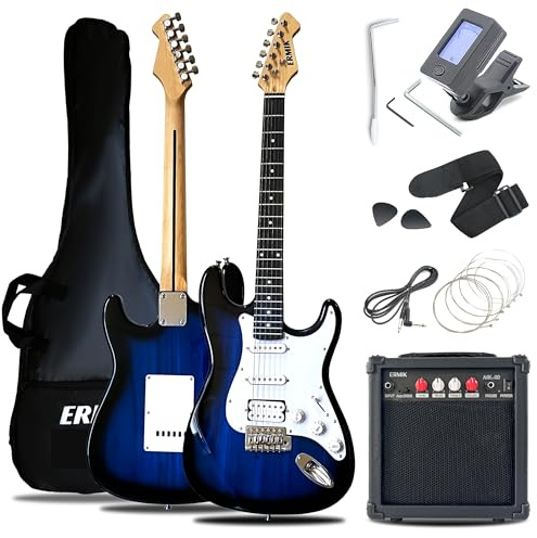 Ermik Soild Body Electric Guitar Kit with Amp 20W, Strings, Strap, Digital Tuner, Picks, Gig Bag, Cable, Tremolo Bar, 39 Full Size Guitar HSS Pickups Guitarra Electrica Beginner Gift - Blue