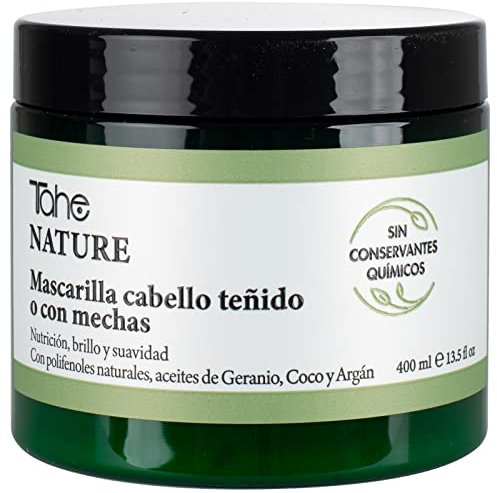 Tahe Nature Mascarilla para cabello teñido o con mechas con Polifenoles naturales, Aceites de Geranio, Coco y Argán (400 ml)