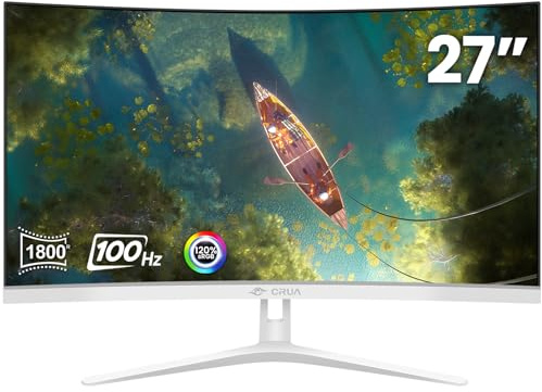 CRUA 27 Curved White Monitor, Full HD(1920x1080P) VA Panel 1800R 100HZ 120% sRGB Professional Computer Monitors, 3Sides Frameless, Flicker-Less,Blue Light Filter, for Office & Gaming (VGA, HDMI)