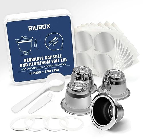 BiuBox Reusable Capsules for Nespresso OriginalLine, Refillable Espresso Coffee Pods, Stainless Steel Cups Filters Compatible for Nespresso Machine(4Cups+200Lids)