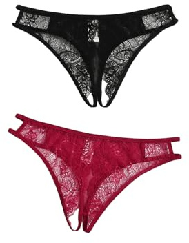 GORGLITTER Spitzen Unterhosen Damen Sexy String Tanga Set Mit Spitze Dessous Ouvert Offen Schritt Erotische Unterwäsche Schwarz und Rot L