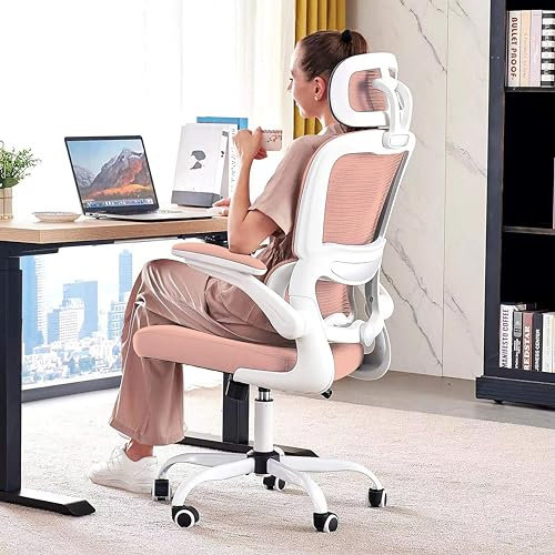 TRALT Kontorsstol ergonomisk skrivbordsstol, 150 kg hemnät kontor skrivbordsstolar med hjul, bekväm spelstol, kontorsstol med hög rygg för långa timmar (mörkrosa)