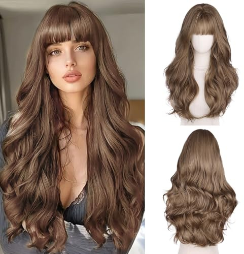 Fulang Hair Lang Braun Wellig Lockige Perücke für Frauen, perücke damen hellbraun, Natürliche synthetische Haar Perücke mit Bangs (hellbraun)