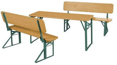 roba Outdoor Party-Garnitur für Kinder - Kindersitzgruppe mit Lehne aus FSC zertifiziertem Holz - 2 Bänke + 1 Tisch - Klappbare Sitzmöbel ab 24 Monaten - Natur/Grün