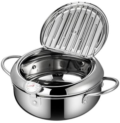 Friteuse Japonaise, Friteuse Tempura avec Thermomètre, Friteuse Tempura en Acier Inoxydable avec Couvercle et Égouttoir à Huile pour Frire du Crevettes, Cuisses de Poulet, Poisson
