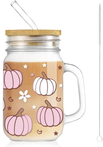Whaline Fall Mason Jar Mug with Handle 18oz Pumpkin Flower Star Mason Jar Drinking Glasses Pink White Pumpkin Ice Coffee Cups with Lid and Straw for Iced Coffee Tea Soda Cocktail Gifts