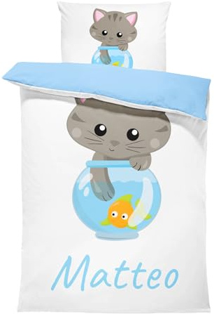 Pictogogo Personalisierte Kinderbettwäsche Set mit Katzen - Baby Bettwäsche Mit Namen - Wählbare Unterfarbe - Babybett Komplett Set - 1 Bettbezug & 1 Kissenbezug (100 x 135 cm, Grau)
