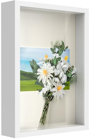 Anhow A4 Shadow Box Frame, 8x12 3D Picture Frame Display Cas with Real Transparent Glass for Photos, Memorabilia, Crafts, Souvenir, Wedding Memories, Baby Items - White/ 1.2 Inch Depth