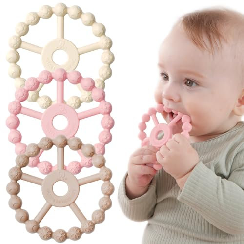 Seposeve Beißring 3er Pack Kühlend, Silikon Greifling Spielzeug ab 9 Monaten, Baby Geschenke 6-12, 12-24 Monate, BPA-FREI, Weiß Rosa Kaffee