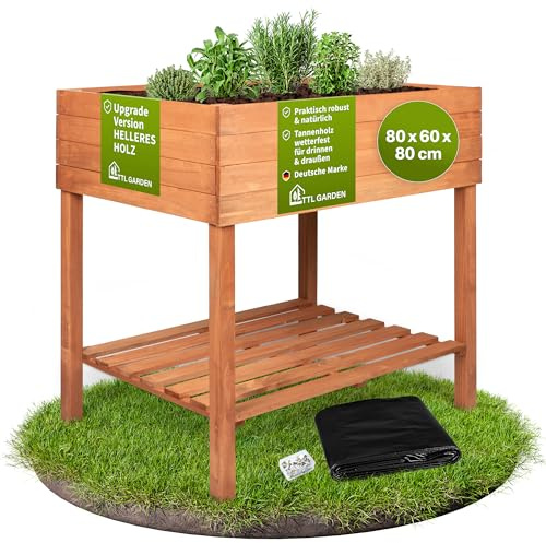 TTL GARDEN Jardinière surélevée pour balcon L 80 x 60 x 80 cm en bois – Jardinière et bac à fleurs avec étagère et film – Bois de sapin résistant aux intempéries – Parterre d'herbes pour jardin,