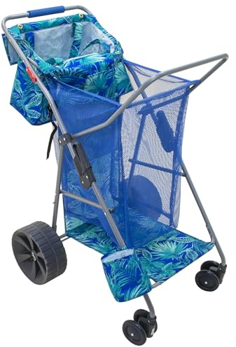 Tommy Bahama Wonder Wheeler Deluxe Folding Beach Cart, Portable Caddy for Towels and Beach Accessories, Stores 48-Quart Cooler & 4 Chairs, Blue