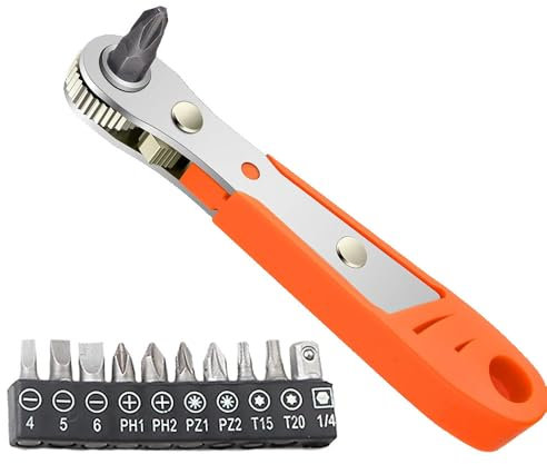Voarge Cacciavite a Cricchetto, 110mm Mini pollici Chiave a cricchetto 1/4 magnetica, con 10 punte per cacciaviti, Cacciavite ad Angolo Reversibile, per Riparazione Dell'auto