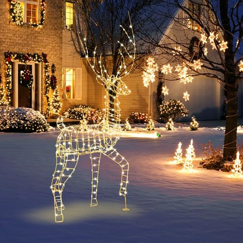 GYMAX LED Rentier & Schlitten Weihnachtsdeko, 2-teiliges beleuchtetes Rentier mit 215 weißen LEDs & 8 Bodenankern, Weihnachtsbeleuchtung Hirsch Deko für Veranda, Terrasse (LED Rentier(L))