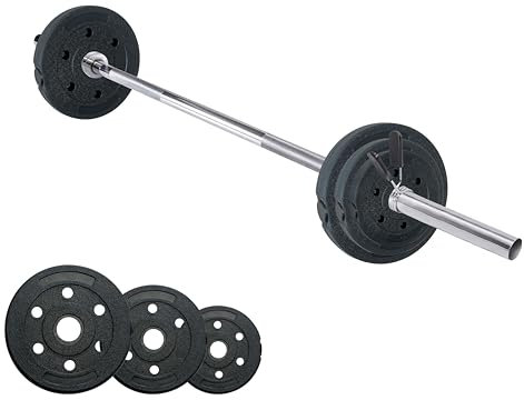 wuuhoo® Langhantelstange & Hantelscheiben im Set Marcel, 26kg-60kg, Hantelstange 30mm, Stahl verchromte Hantel, Zement Hantelscheiben 30mm, 120cm-200cm Set 11-60kg