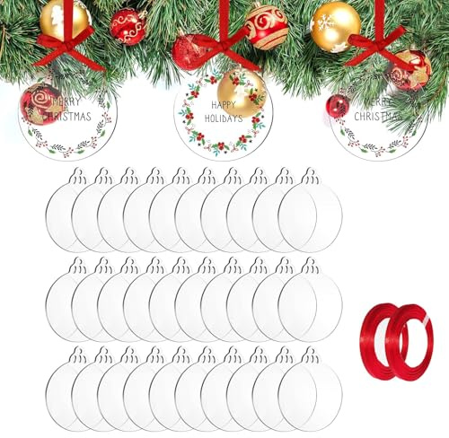JMNHSOA 50 Stücke Acrylscheibe Weihnachtskugel Deko,Transparenten Acrylscheibe Weihnachten mit Rotem Band Acrylplatten Christbaumkugeln Acrylscheibe für Weihnachten Dekoration Basteln(10cm)