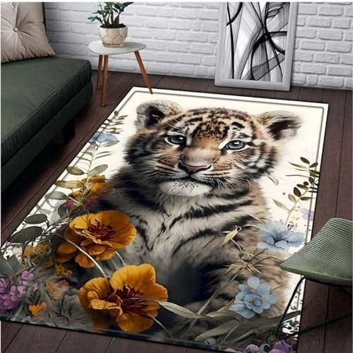 3D Gedruckt Bettvorleger rutschfeste Area Teppich,Wildtier-Tiger 3D Optische Illusion Teppiche Weich Flanell Bodenteppich Wohnzimmer Schlafzimmer Throw Runner Teppiche Low Profile Türmatten- -8N0N2Y2
