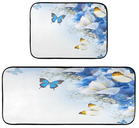 Küchenteppiche, 2 Stück, rutschfest, waschbar, Schmetterlings-blaue Hortensien, weiße Irisblume, Anti-Ermüdung, Bodenmatte, Stehmatte für Küche, Flur, Läufer Set