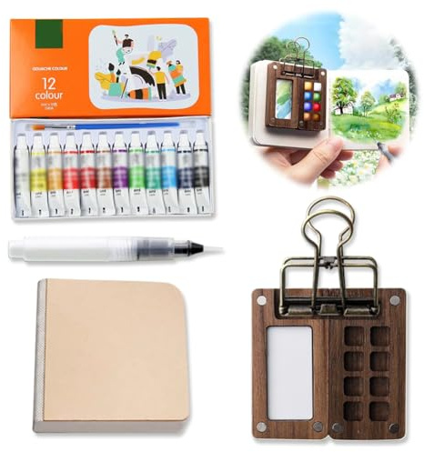 Reise Aquarellfarben Set, Mini-Aquarell-Paletten-Set, Wasserfarben Paint Set Mit Skizzenbuch, Clips, Stift, Tragbar Aquarell-Set für Künstler Studenten Hobbymaler (8 Gitter + 12 Aquarell)