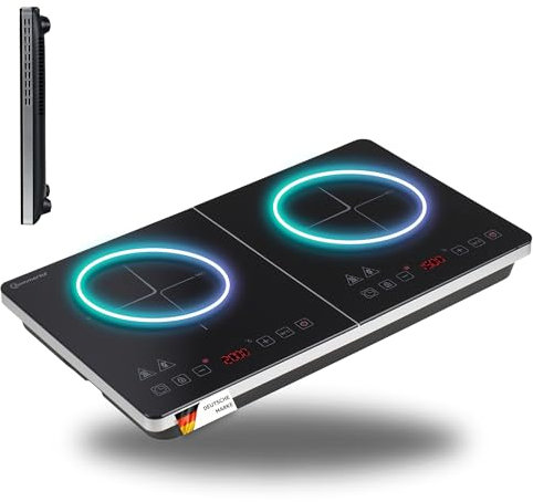 Sommertal Piano cottura a induzione, 2 piastre, 3500 W, design super sottile, portatile, fino a 240 °C, timer 4 ore, funzionamento touch, piastra a induzione doppia, piastra a induzione, piano a