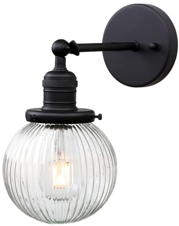Innen Wandleuchte Glas Wandlampe für Küche Bad Flur Schlafzimmer Wohnzimmer | Vintage Wandleuchte E27 Modern innen Lampe mit Handgeblasense klarglasschirm und schwarz Stabile Metall Halterung