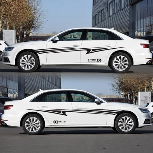 2pcs 270cm Sportlicher Streifen Auto Karosserie Seite Aufkleber Rennsport Streifen Dekorative Autoaufkleber für Autos/LKW/SUVs,Universal Vinyl selbstklebend Aufkleber Dekoration Zubehör(Schwarz)